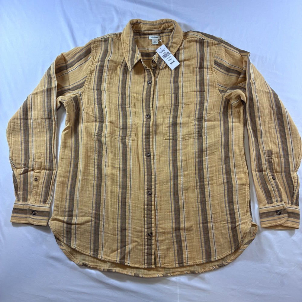 L.L. Bean Cloud Gauze Shirt Womens Medium Chamois Striped Long Sleeve 519259 NEW